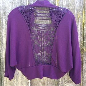 Oatt U.S.A. Crocheted Open Back Purple Shrug Large